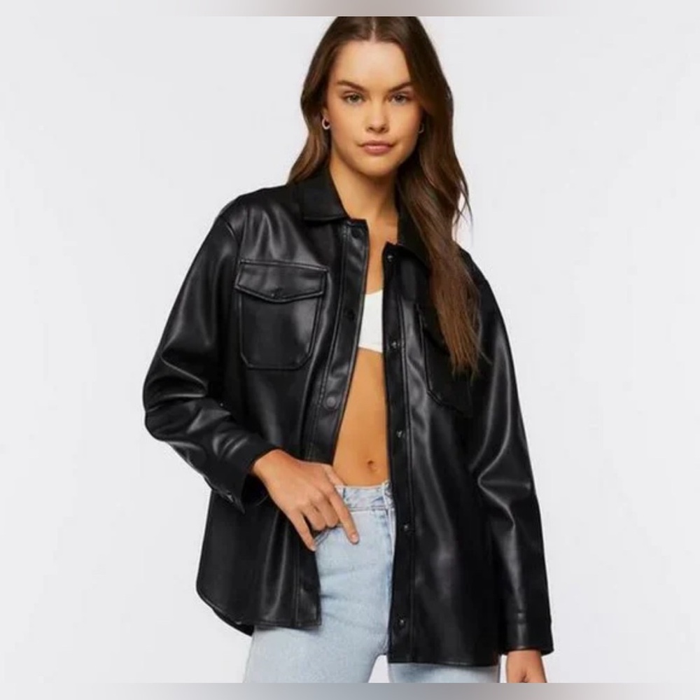 Faux Leather Button Down Jacket - image 1
